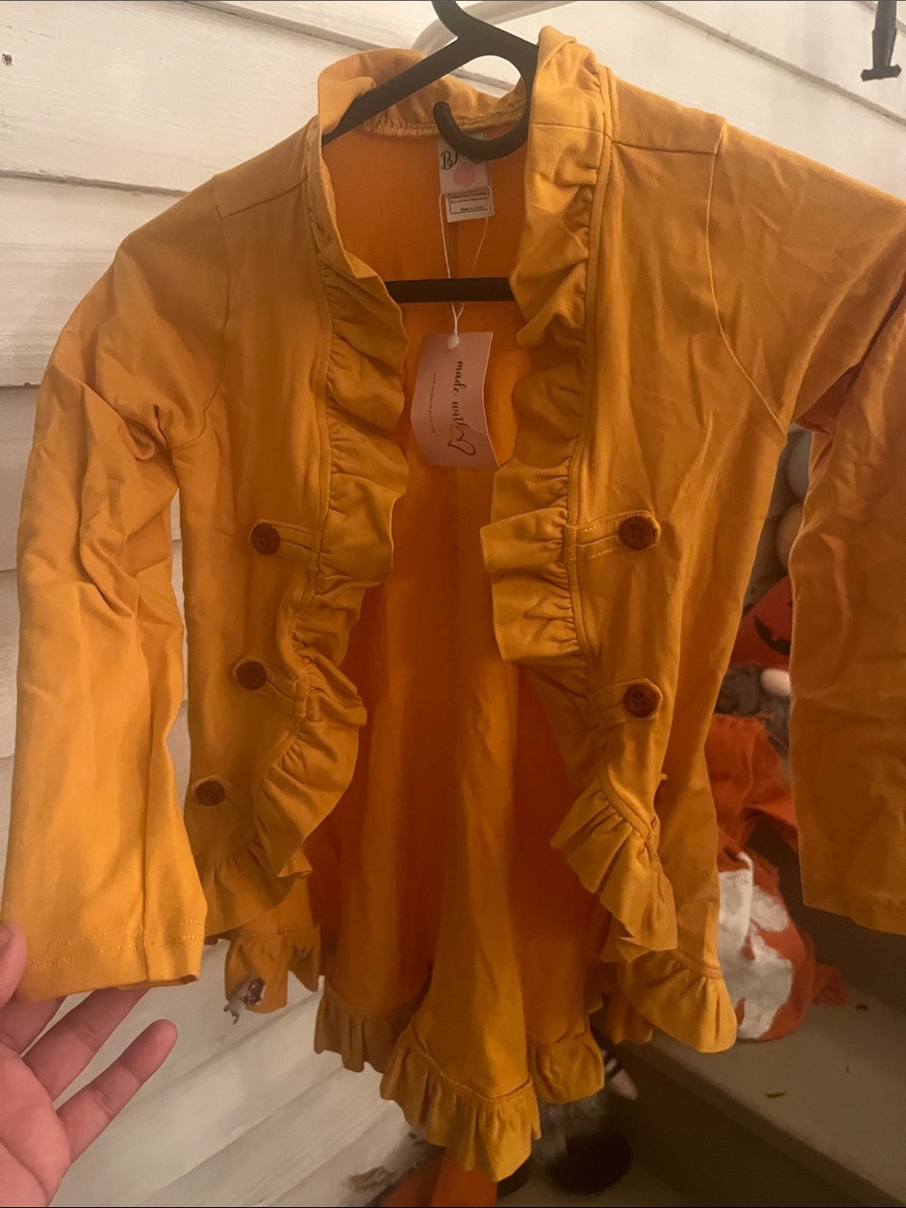 Girls Ruffle Front Jacket - Mustard Yellow
